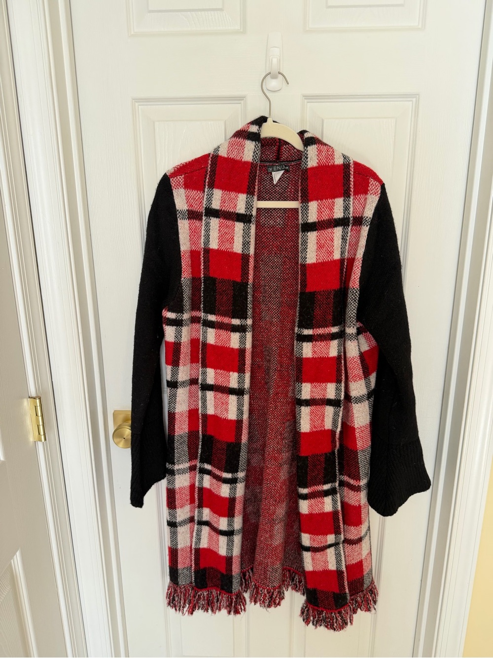 VENUS Red Black and White Plaid Coatigan with Fringe